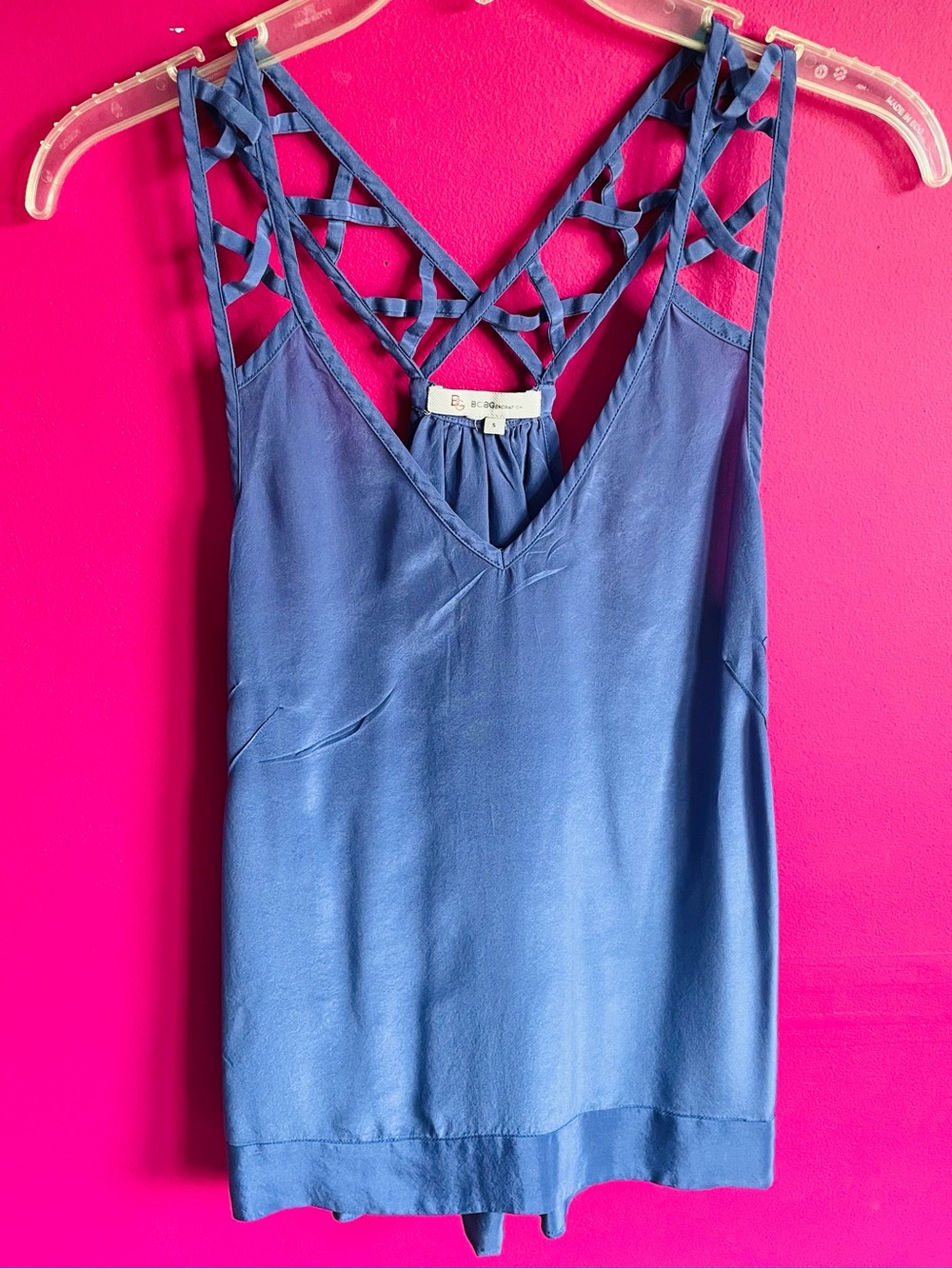 BCBG 100% indigo Silk racerback vNeck